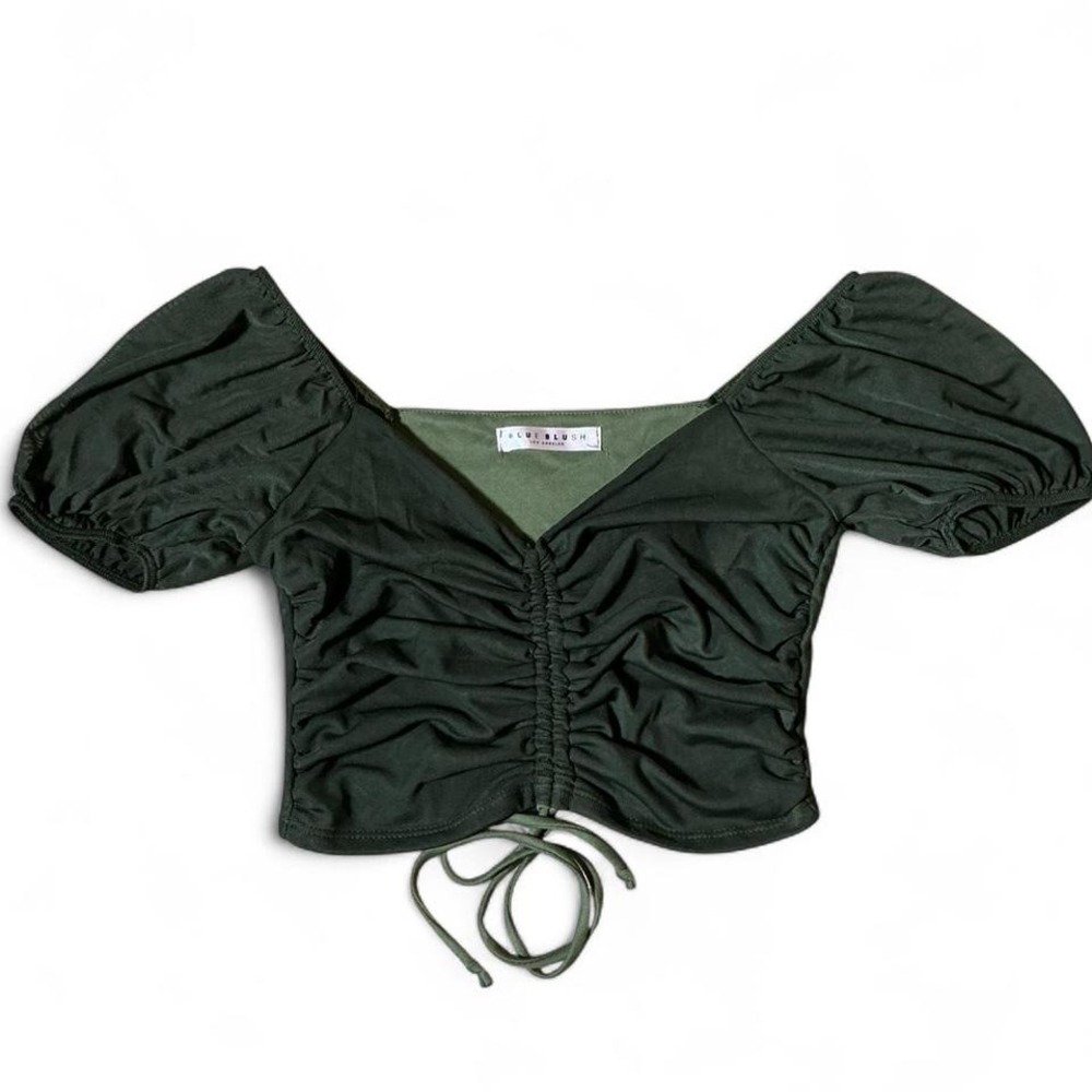 Blue Blush Olive Green Ruched Puff Sleeve Fairycore Crop Top BT01628 S